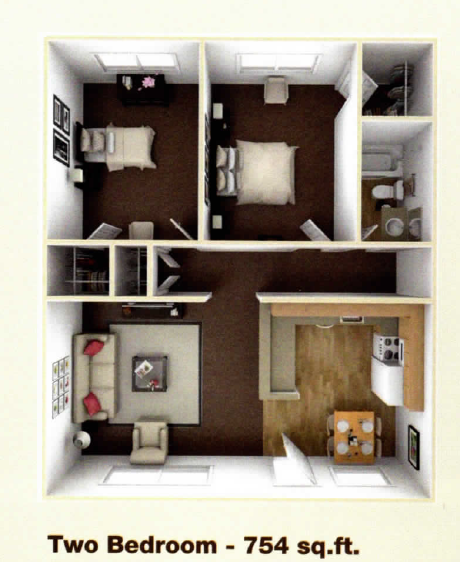 Floor plan for 2 beds, 1 bath, 754 sqft